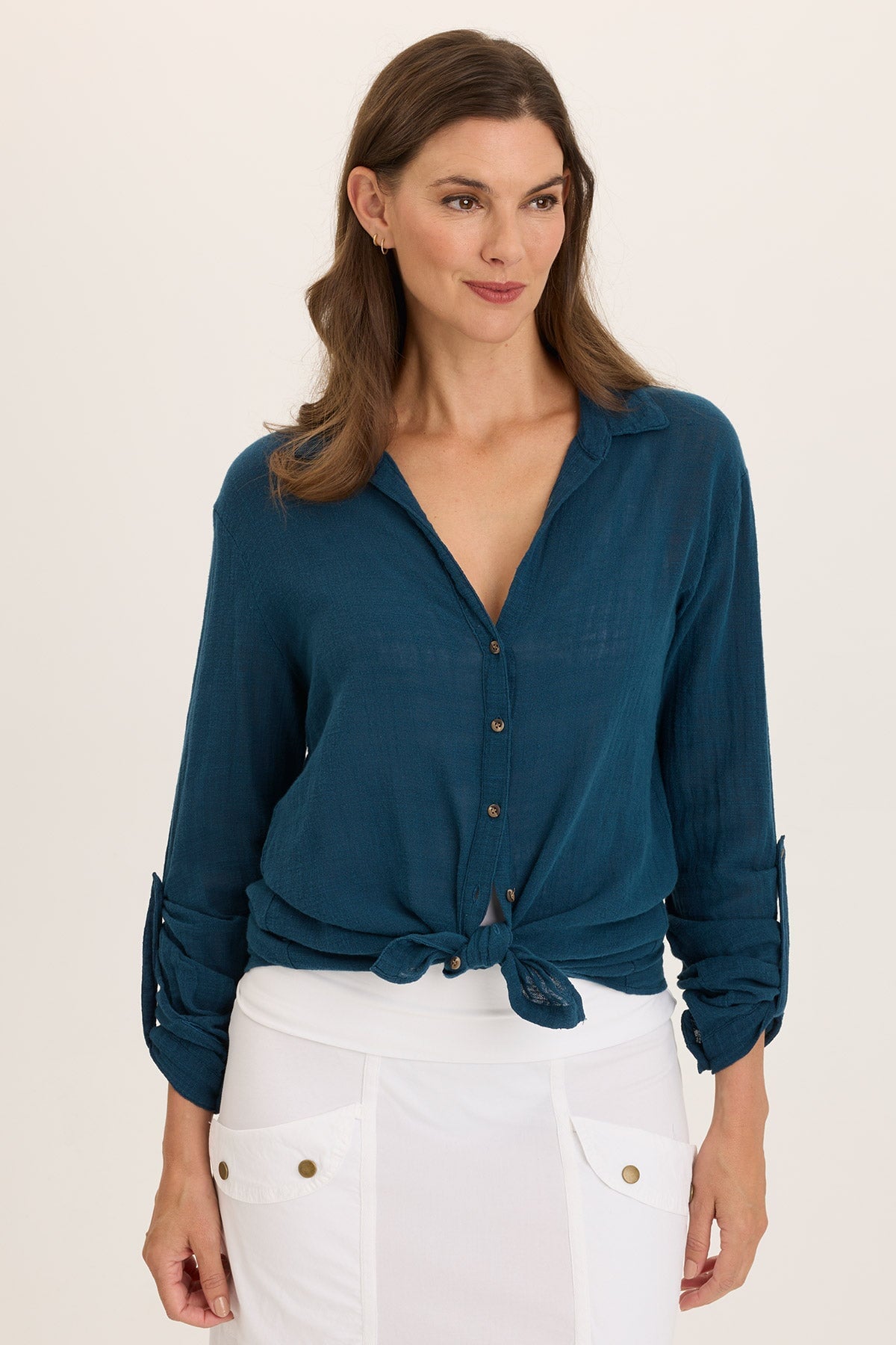 Wearables Porter Gauze Curved Hem Button-Up Top 