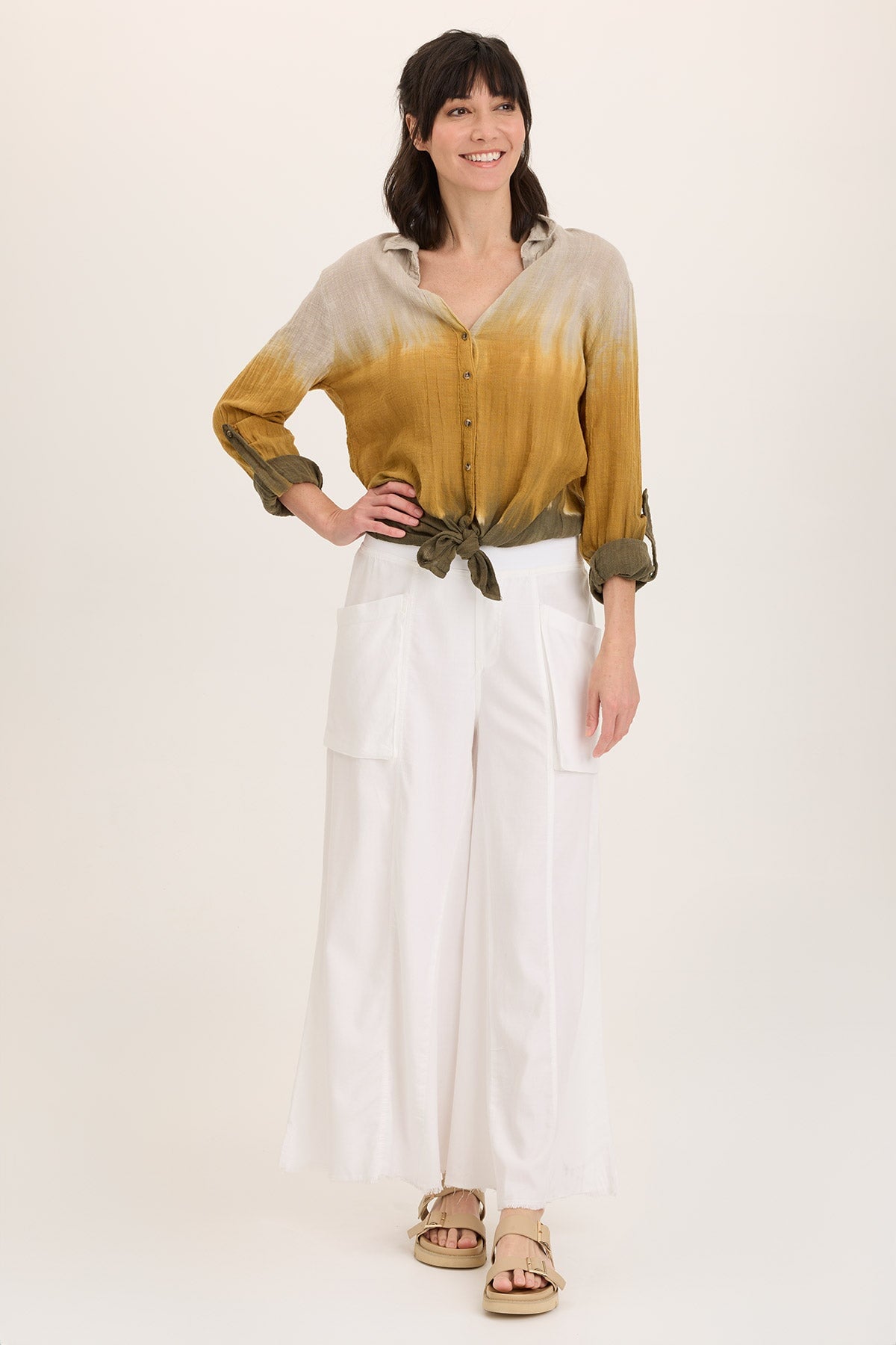 Wearables Porter Gauze Curved Hem Button-Up Top 