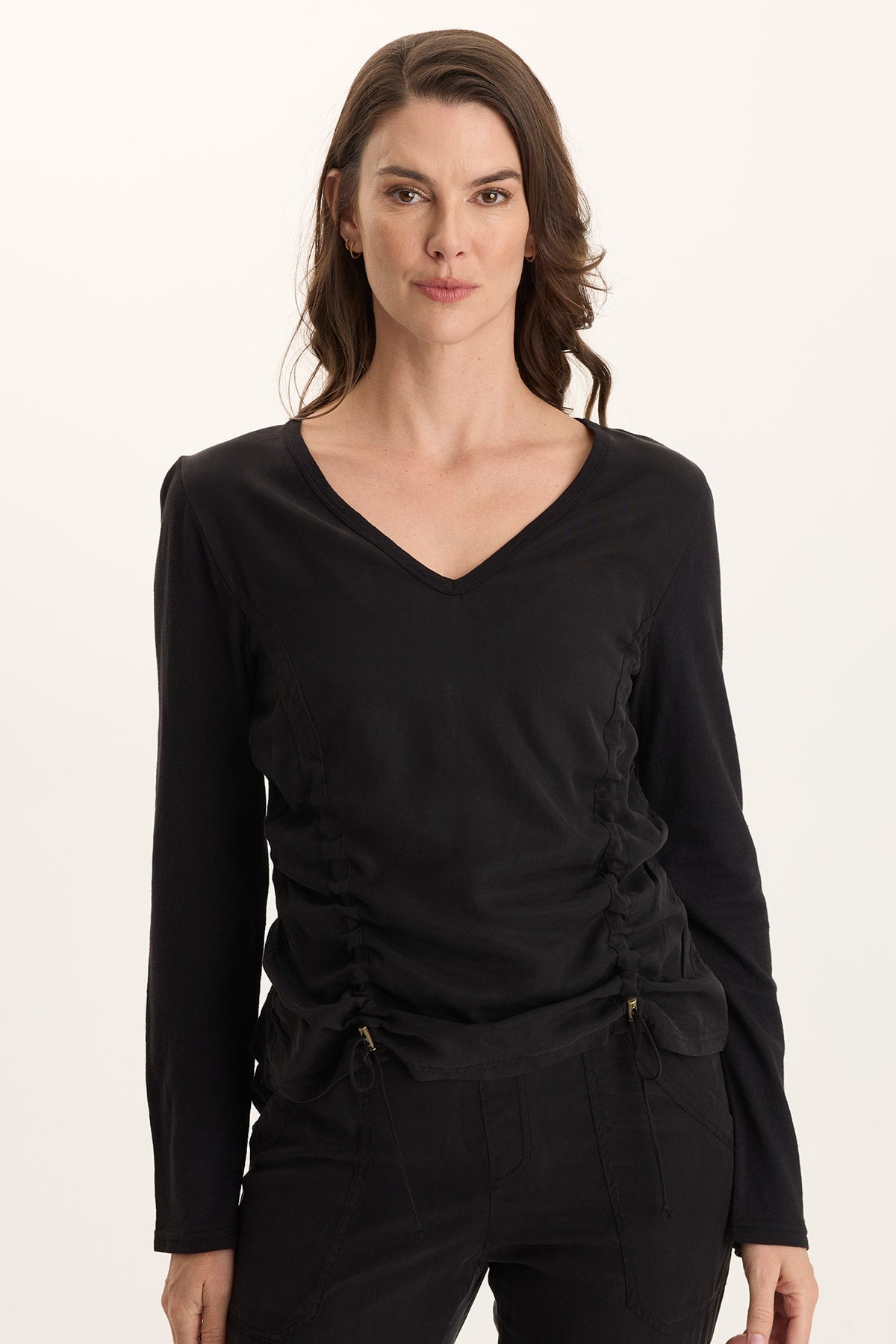 XCVI Ketti Long Sleeve Twill/Jersey Ruched V-Neck 