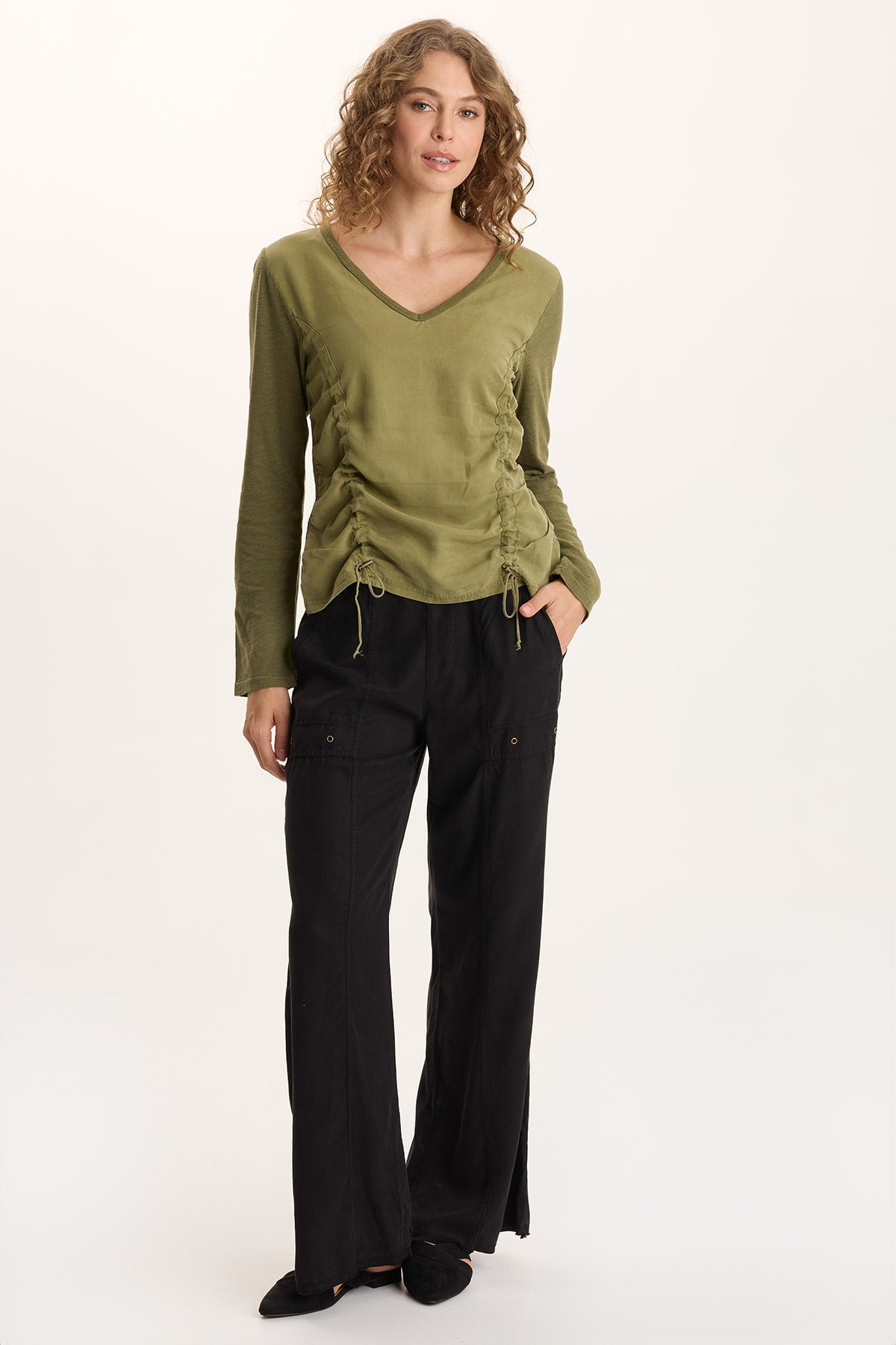 XCVI Ketti Long Sleeve Twill/Jersey Ruched V-Neck