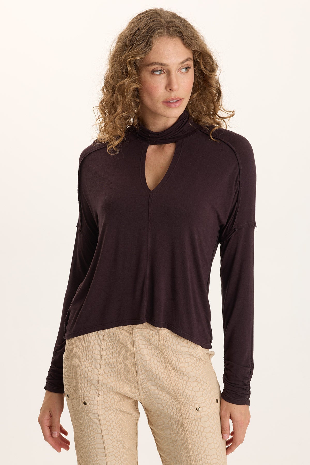 XCVI Norda Soft Stretch Jersey Mock-Neck Keyhole Top 