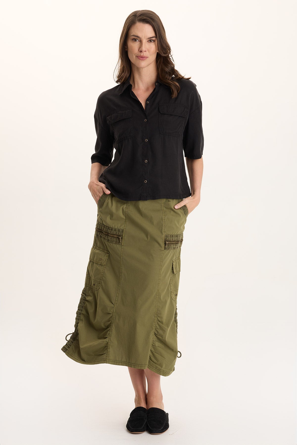 XCVI Shea Ruched Detail Cargo Midi Skirt 