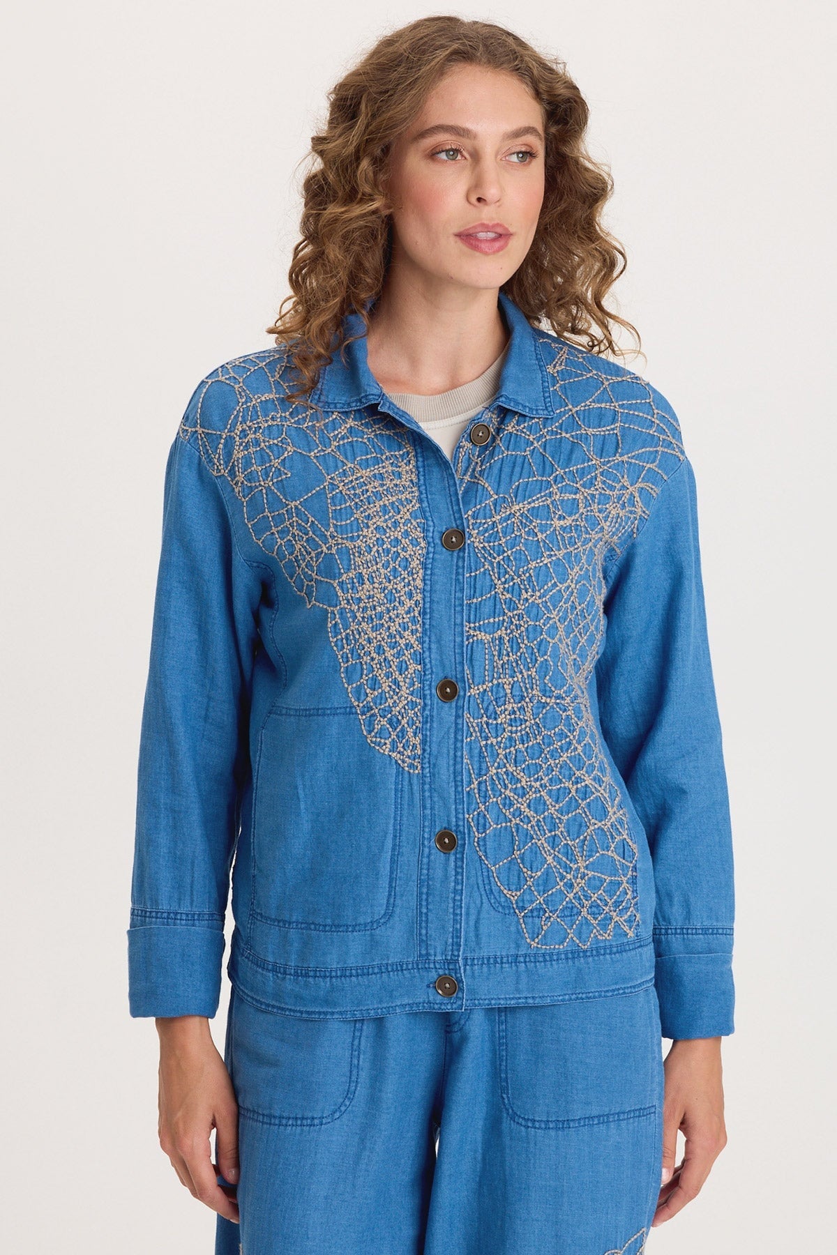 XCVI Helm Embroidered Mock-Denim Jacket