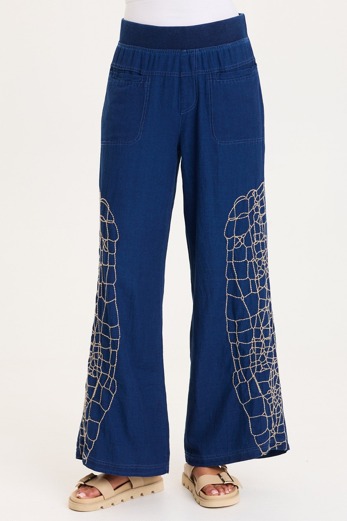 XCVI Bonello Embroidered Mock-Denim Wide-Leg Pant 