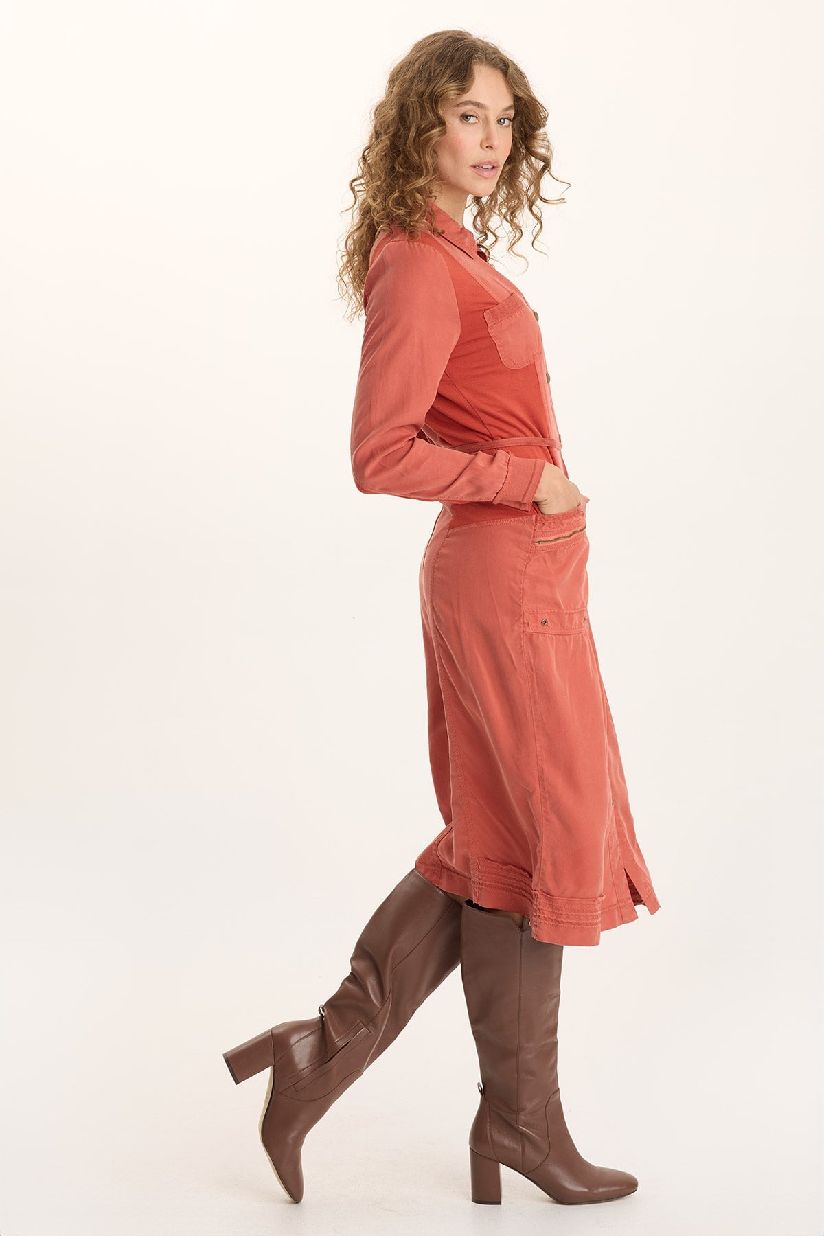 XCVI Oksana Twill/Jersey Snap-Up Midi Dress 