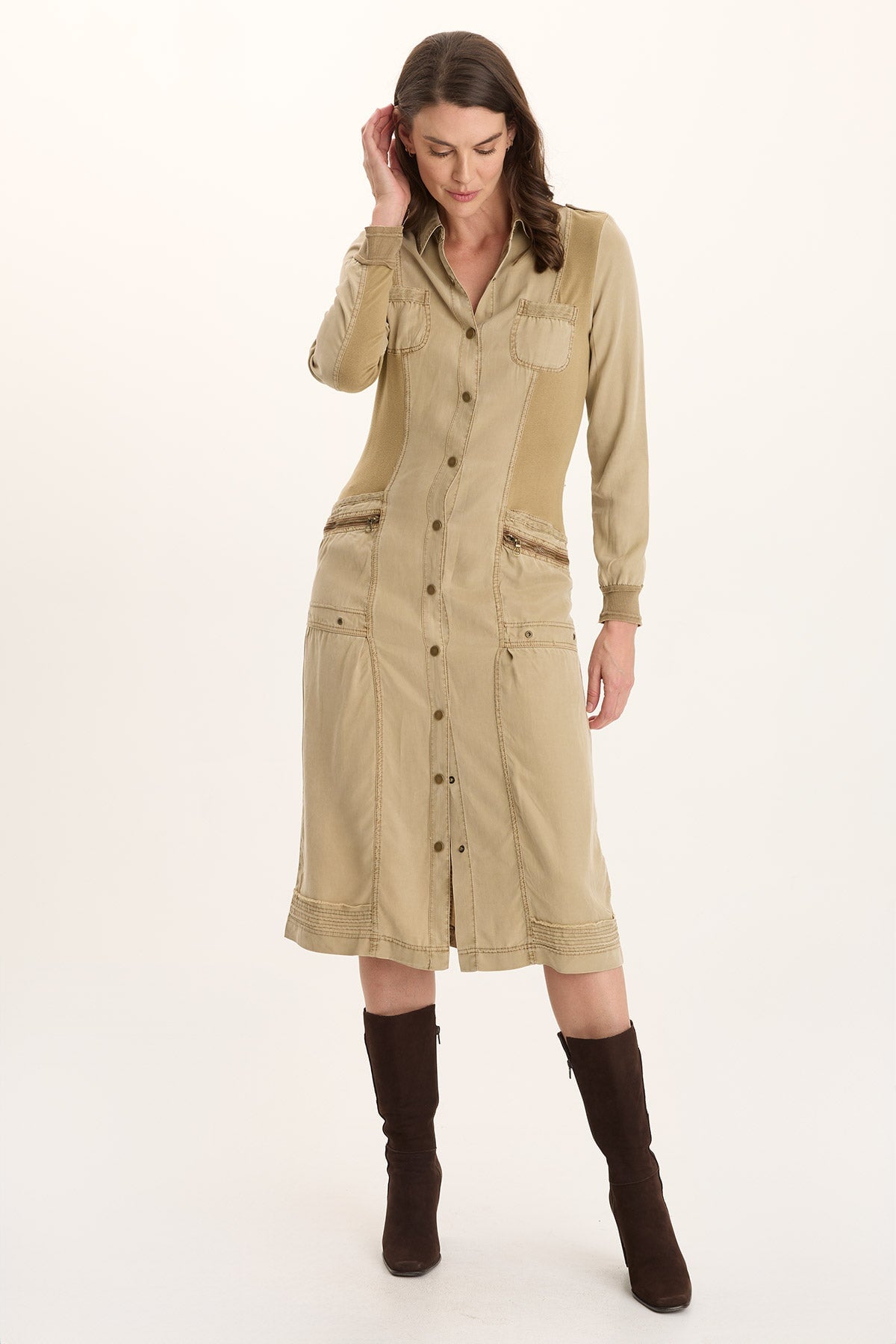 XCVI Oksana Twill/Jersey Snap-Up Midi Dress 