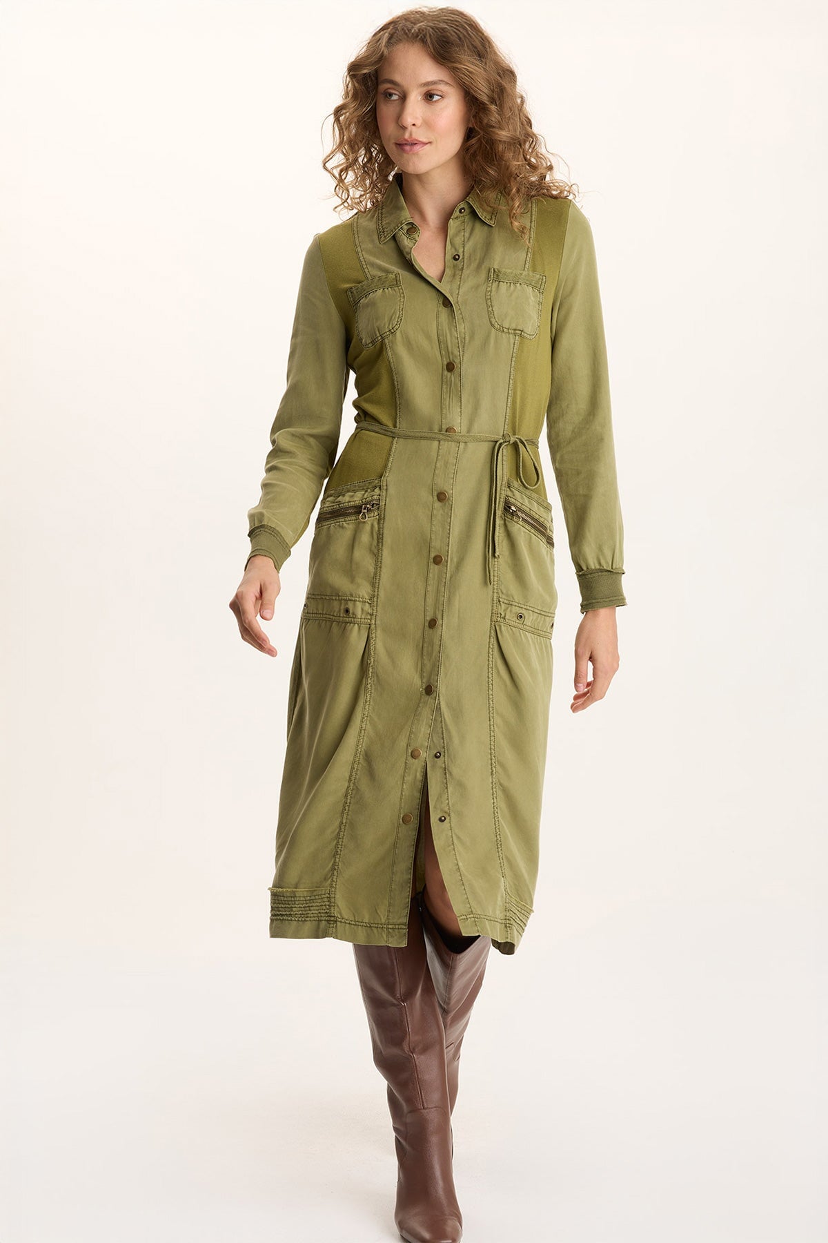 XCVI Oksana Twill/Jersey Snap-Up Midi Dress 