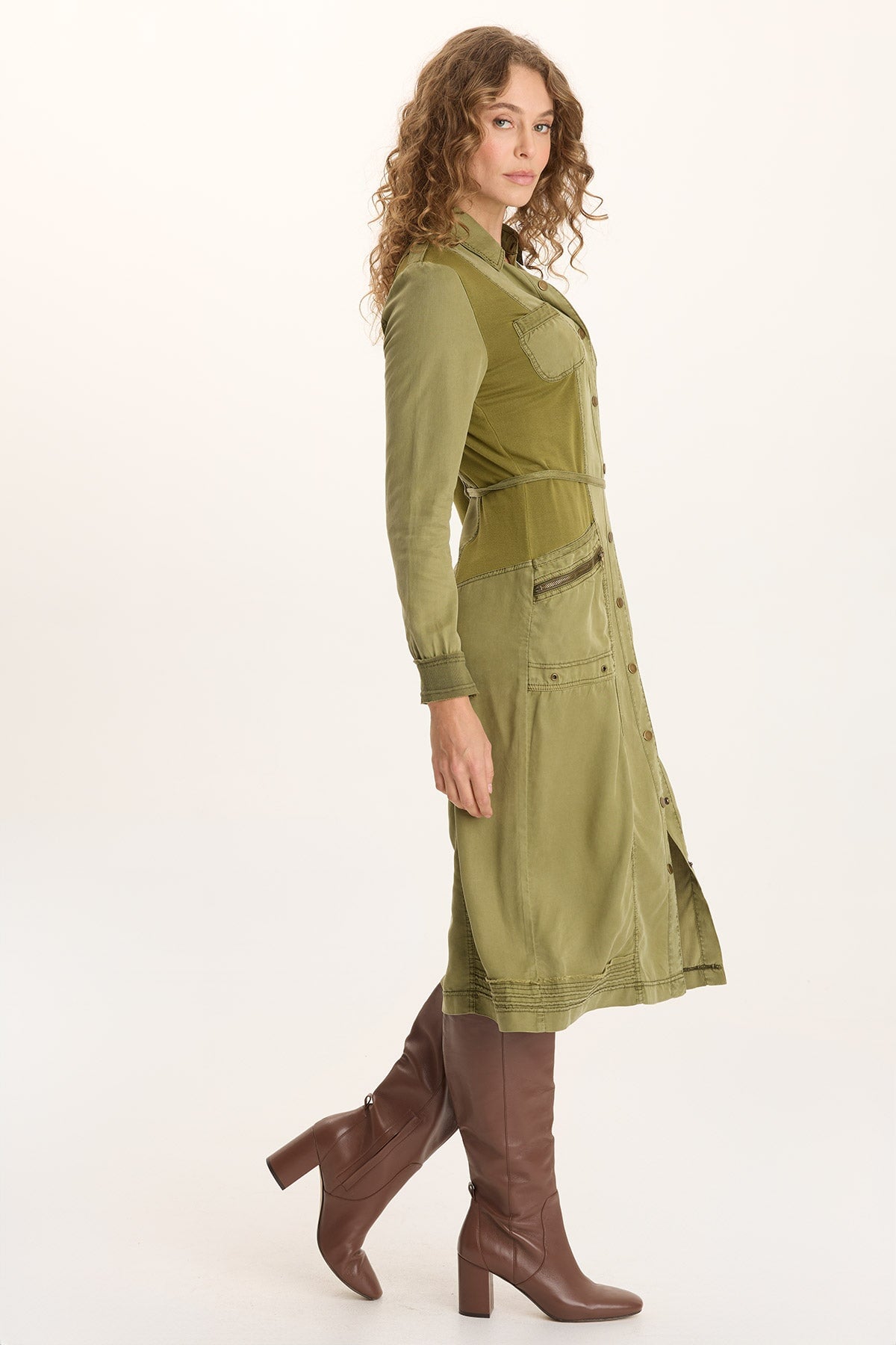XCVI Oksana Twill/Jersey Snap-Up Midi Dress 